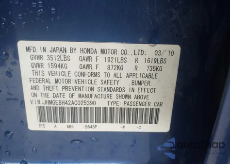 2010 Honda Fit Sport from USA, damaged, VIN JHMGE8H42AC025390